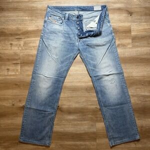 Diesel Larkee Jeans Men 33x30 Blue Straight Leg Stretch Distress 0850U (Hemmed)